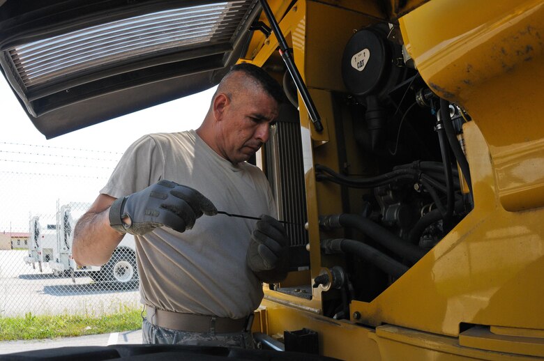 Senior Airman Gerardo Candelario-Ordunez, 944th Logistics Readiness Squadron vehicle operator, checks the oil in a forklift June 7 at Aviano Air Base, Italy, as part of training on picking up and moving cargo. His 6-man vehicle operations team is here for their annual tour, taking advantage of the opportunity to work and train with their active-duty counterparts. (U.S. Air Force photo by Tech. Sgt. Nestor Cruz)