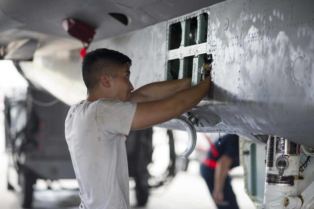 U.S. Air Force Staff Sgt. Dennis Franco, 67th Aircraft Maintenance Unit F-15 Eagle dedicated crew chief, performs maintenance on hydraulic systems of an F-15 June 13, 2017, at Kadena Air Base, Japan. Dedicated crew chiefs work around the clock to keep F-15s ready to deploy at a moment's notice. (U.S. Air Force photo by Senior Airman Omari Bernard)