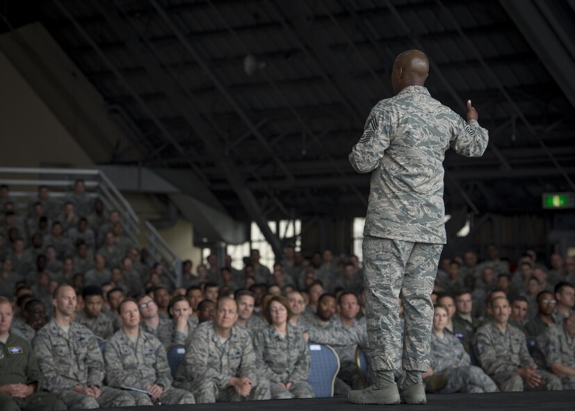 Chief Master Sgt. of the Air Force Kaleth O. Wright addresses Airmen assigned to the 374th Airlift Wing during an all-call, June 13, 2017, at Yokota Air Base, Japan. As the 18th chief master sergeant of the Air Force, Wright advises the Chief of Staff and the Secretary of the Air Force on all issues regarding the welfare, readiness, morale, and proper utilization and progress of the enlisted force. (U.S. Air Force photo by Airman 1st Class Juan Torres)