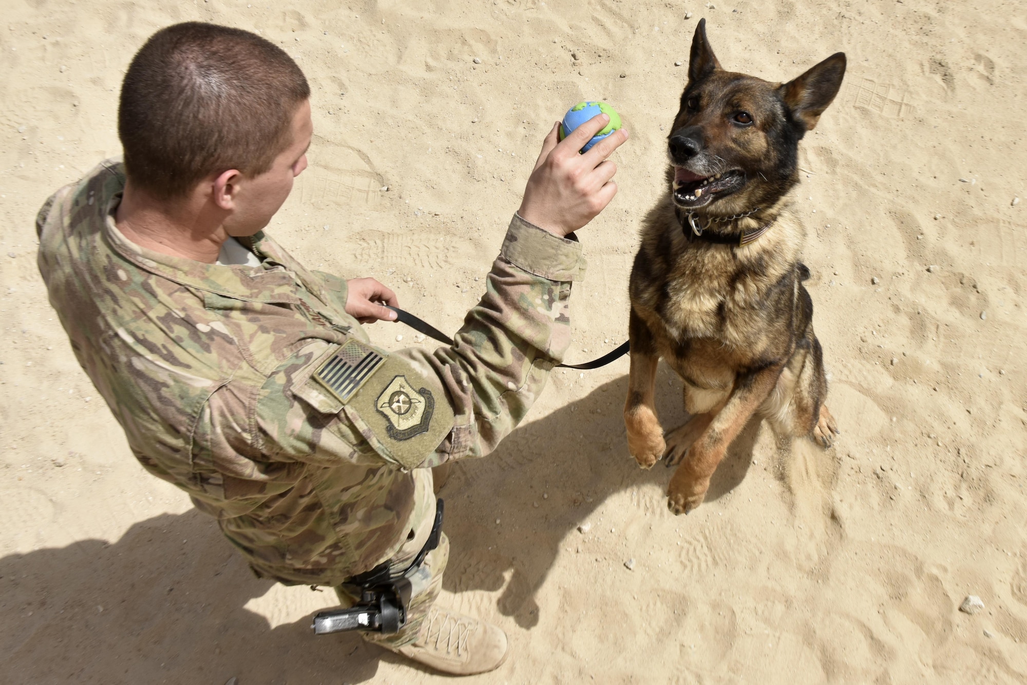 Senior Airman Carlton Isaacson, 407th Expeditionary Security Forces military working dog handler, plays with Egon, 407th ESFS military working dog, after an obsticle course training session May 23, 2017, at the 407th Air Expeditionary Group in Southwest Asia. Isaacson and Egon have been partnered for approximately a year and a half. (U.S. Air Force photo by Senior Airman Ramon A. Adelan)