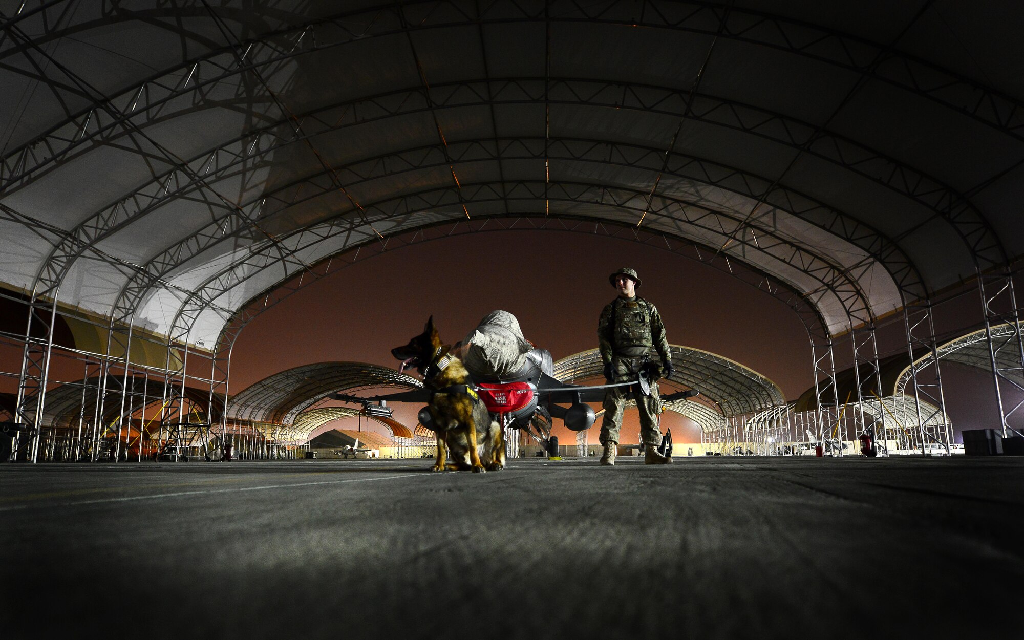 U.S. Air Force Senior Airman Carlton Isaacson, a military working dog handler assigned to the 407th Expeditionary Security Forces Squadron and his partner Egon, patrol the flightline in Southwest Asia on May 23, 2017. Isaacson and Egon have been partners for two years now and are deployed in support of Operation Inherent Resolve. Military working dogs are the first line of defense when it comes to explosive detection and provide security sweeps throughout the installation. (U.S. Air Force photo by Tech Sgt. Andy M. Kin)