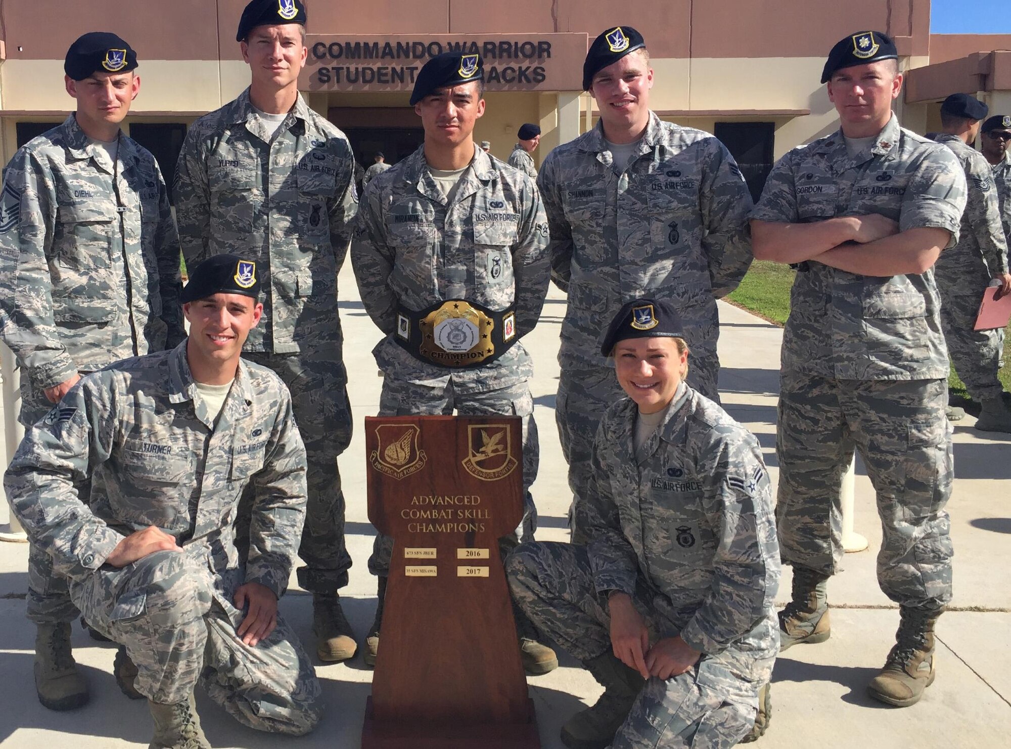 The 35 Security Forces Squadron of the firing team members pause for a photo with the Advanced Combat Skills trophy following the conclusion of the second annual Defenders Challenge held at the Security Forces Regional Training Center at Andersen Air Force Base, Guam, on June 9, 2017. The competition broke down in five categories including weapons, tactics, combat fitness, mental and physical challenge and military working dogs. At each station the were conducted based on time. (Courtesy photo)
