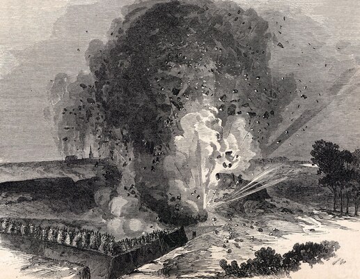 On June 25, the Federals detonated a mine beneath the Third Louisiana Redan in hope of gaining access into Vicksburg. (Drawn by Theodore Davis for Harpers, July 25, 1863 edition.)