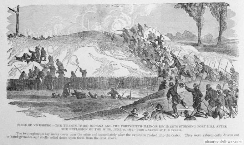 Union soldiers surged into the crater where battle raged in unabated fury for 26 hours – all to no avail. (Drawn by F.B. Schell)