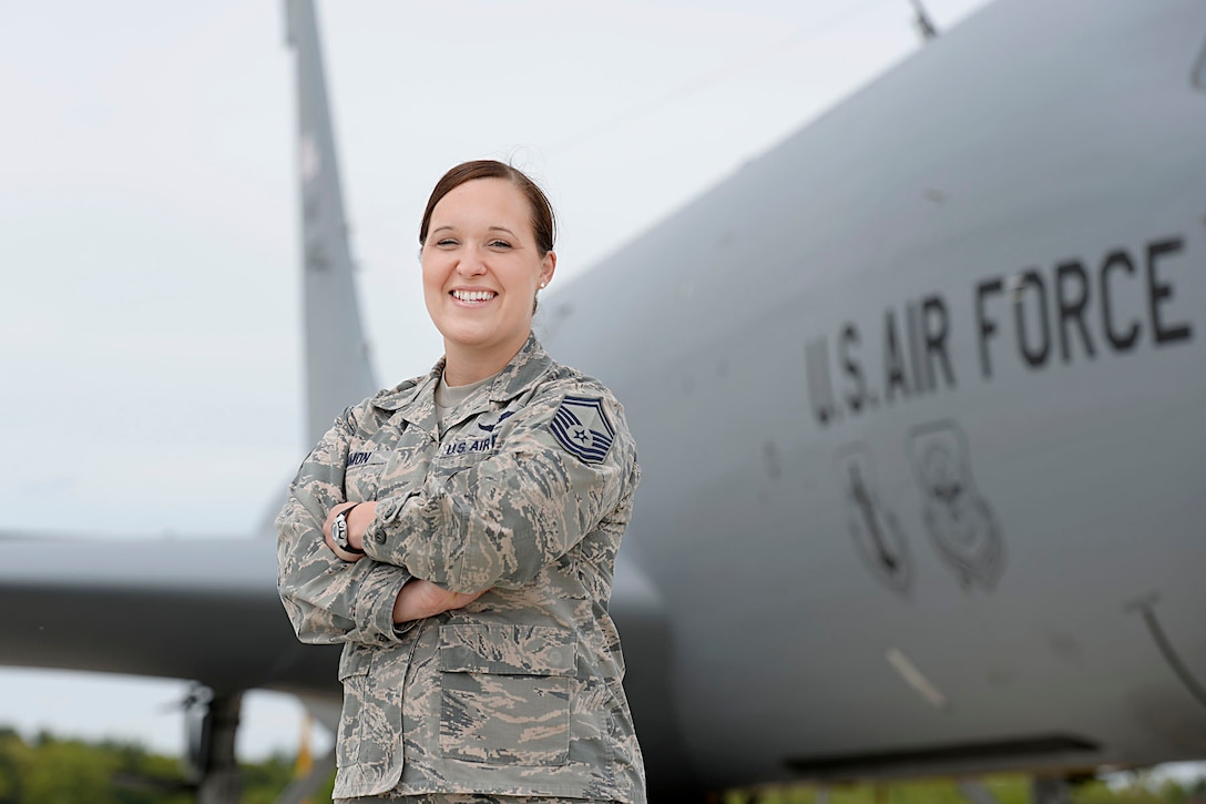 Senior Master Sgt. Andrea Inmon poses for a portrait in front of a KC-135 Stratotanker at Pease Air National Guard Base, N.H., May 23, 2017. Inmon will become the first female active duty chief master sergeant boom operator. (United States Air National Guard photo By Staff Sgt. Kayla Rorick)