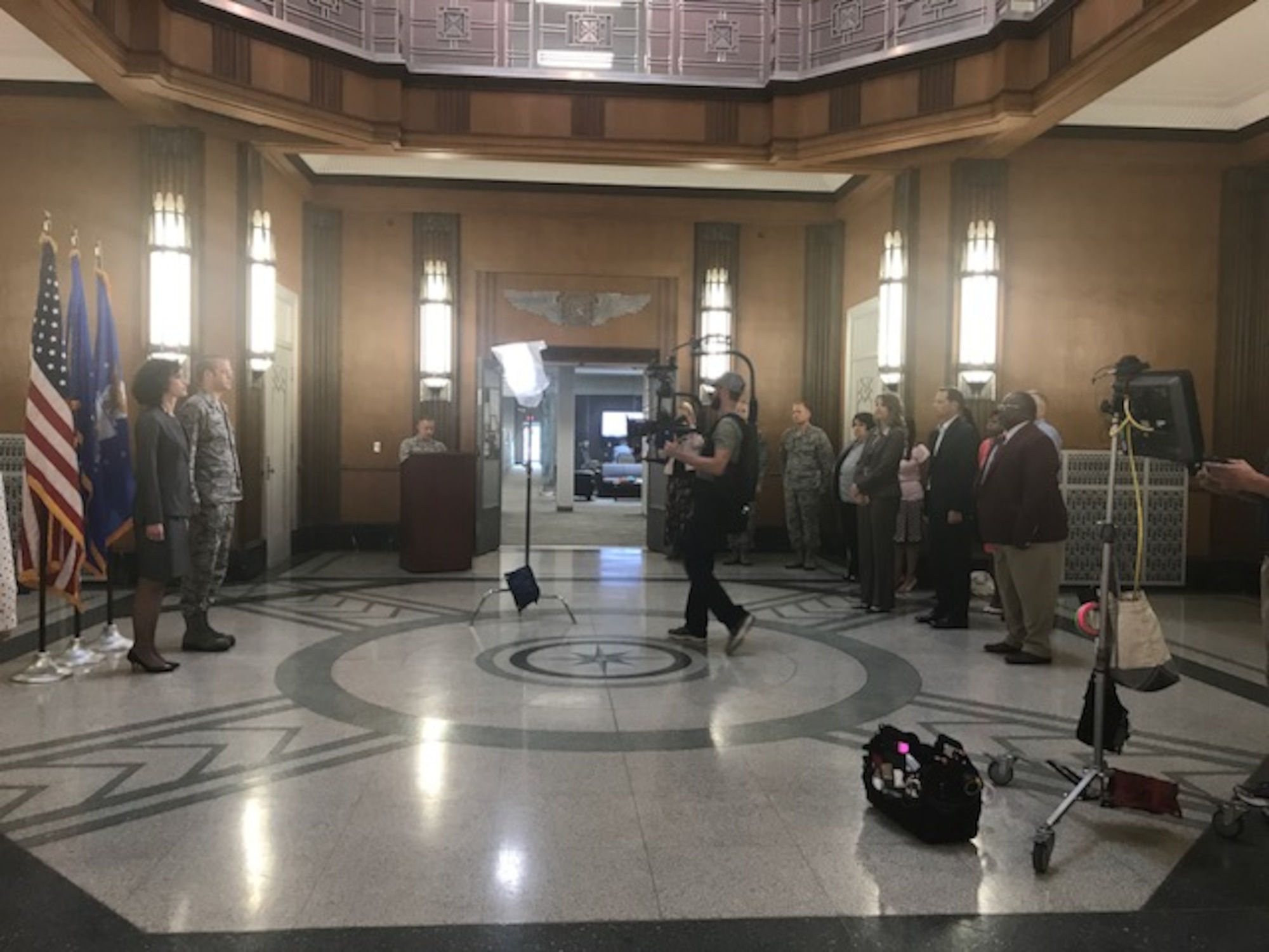 Lynda Rutledge, Air Force Life Cycle Management Center program executive officer and director for agile combat support, is being filmed during an award presentation on June 7, 2017. Rutledge was selected to be featured in the PACE’s “Teamwork” Heritage Today video to represent civilian senior leaders and their contributions to the Air Force mission. (U.S. Air Force photo/Stacey Geiger)