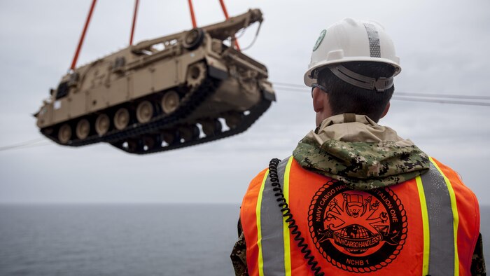 U.S. Sailors with Navy Cargo Handling Battalion One, conduct the off-loading of tanks during exercise Saber Strike 17 in Ventspils, Latvia, May 23, 2017 Exercise Saber Strike 17 is an annual combined-joint exercise conducted at various locations throughout the Baltic region and Poland. The combined training prepares allies and partners to respond more to regional crises and meet their own security needs by improving the security of borders and countering threats.