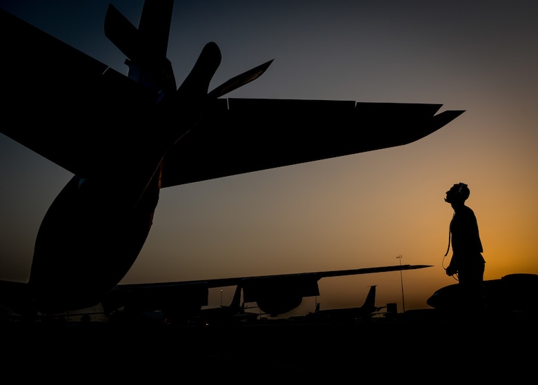 A KC-135 Stratotanker maintainer, assigned to the 340th Aircraft Maintenance Unit, inspects the aircraft's boom before a flight in support of Operation Inherent Resolve at Al Udeid Air Base, Qatar, June 6, 2017. The KC-135 provides aerial refueling capabilities as it supports U.S. and coalition forces as they work to liberate territory and people under the control of the Islamic State of Iraq and Syria. (U.S. Air Force photo/Staff Sgt. Michael Battles)