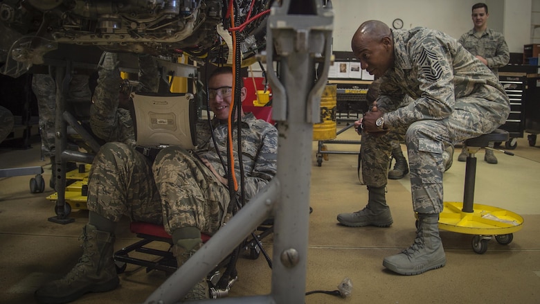 Chief Master Sgt. of the Air Force Kaleth O. Wright speaks with Airman 1st Class Jeremy Daniels, a 35th Maintenance Squadron aerospace propulsion journeyman, during his Pacific Air Forces’ immersion tour at Misawa Air Base, Japan, June 9, 2017. Wright toured various work centers, focusing his visit on innovative Airmen who contribute to the overall growth of the Air Force. He also sat with Airmen and NCOs to learn more about their concerns about the Air Force. (U.S. Air Force photo/Senior Airman Deana Heitzman)
