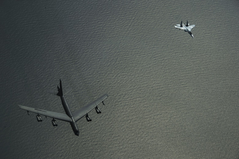 A Russian Su-27 Flanker intercepts a U.S. Air Force B-52H Stratofortress, while participating in Baltic Operations over the Baltic Sea, June 9, 2017. The exercise is designed to enhance flexibility and interoperability, to strengthen combined response capabilities, as well as demonstrate resolve among allied and partner nations forces to ensure stability in, and defend, the Baltic Sea region. Flight intercepts are regular occurrences, and the vast majority are conducted in a safe and professional manner. (U.S. Air Force photo/Staff Sgt. Jonathan Snyder)
