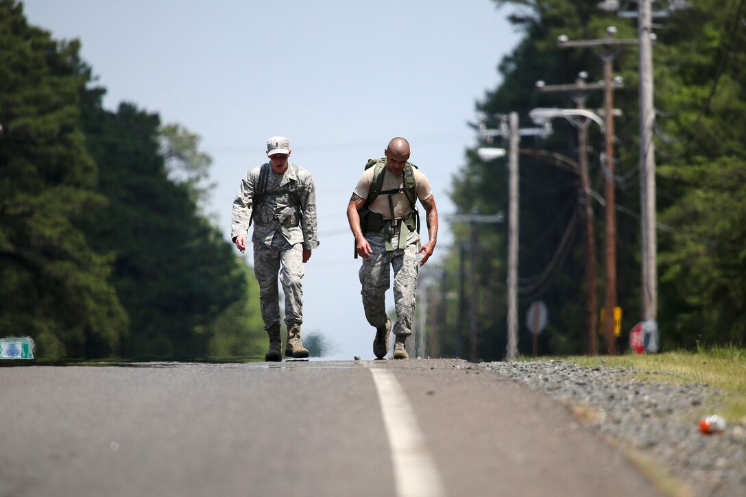 New Jersey Air National Guardsmen participate in the 12-kilometer foot march during a test for the German Armed Forces Badge for Military Proficiency at Joint Base McGuire-Dix-Lakehurst, N.J., June 13, 2017. Air National Guard photo by Master Sgt. Matt Hecht