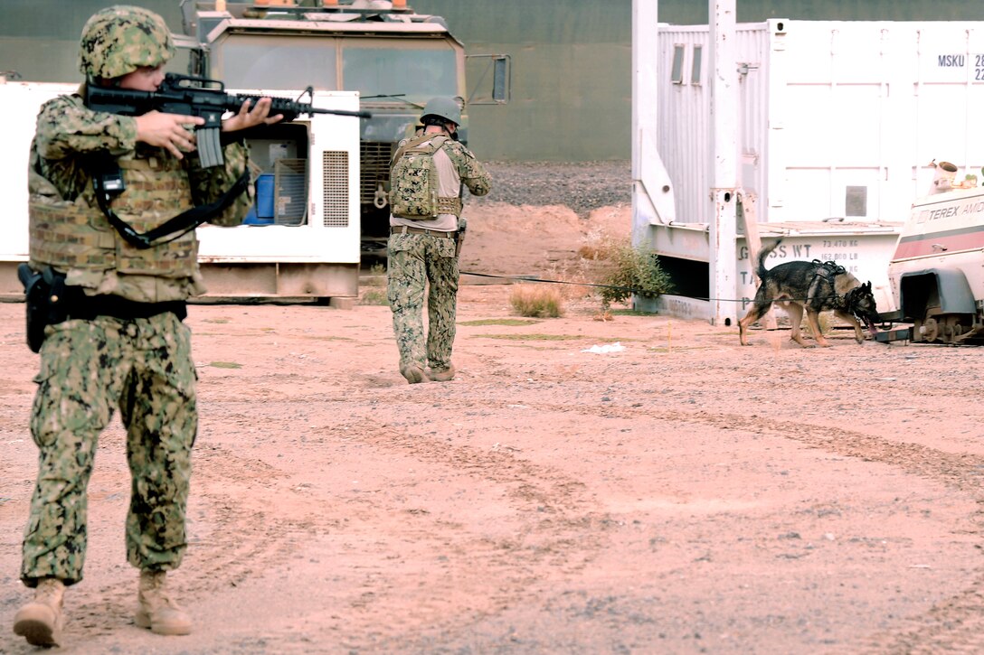 A Marine, left, provides security while Navy Petty Officer 2nd Class Victor Green and his dog, Koko, a military working dog, look for an improvised explosive devices during training at Camp Lemonnier, Djibouti, June 9, 2017. Green is a military working dog handler assigned to Combined Joint Task Force-Horn of Africa. The unit works to counter violent extremist organization operations, support aligned regional efforts, and protect U.S. interests in Djibouti. Air Force photo by Staff Sgt. Lindsay Cryer