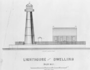 Biloxi Light, Mississippi, architectural drawing; Caption: "Lighthouse and Dwelling [;] Front Elevation."; no date/drawing number, architect/draftsman unknown.