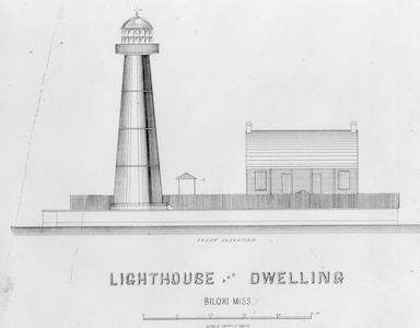 Biloxi Light, Mississippi, architectural drawing; Caption: "Lighthouse and Dwelling [;] Front Elevation."; no date/drawing number, architect/draftsman unknown.