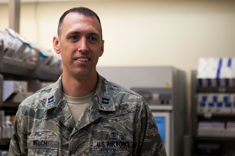 U.S. Air Force Capt. Brian Welch, 17th Medical Support Squadron pharmacist, answers interview questions at the Ross Clinic on Goodfellow Air Force Base, Texas, June 15, 2017. Welch was nominated by the Pharmacist Times magazine for the Rising Star award. (U.S. Air Force photo by Senior Airman Scott Jackson/released)