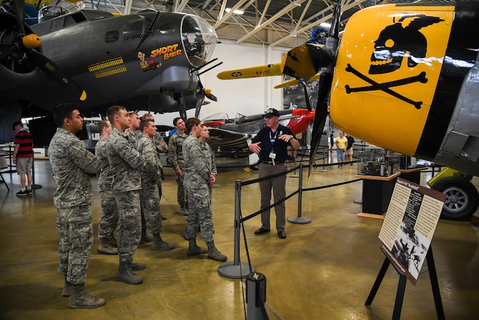 Volunteer docent Christopher Black speaks to U.S. Air Force Academy Cadets during a tour of the Hill Air Force Base Aerospace Museum, June 9, 2017. Cadets visited the base as part of Operation Air Force, a two-and-a-half week long program for cadets about to begin their junior year at the Academy. (U.S. Air Force photo/R. Nial Bradshaw)