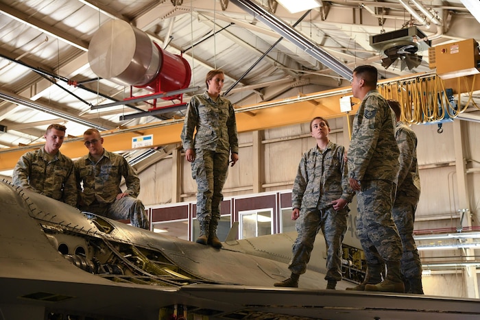 Tech. Sgt. Robert Turner, 388th Maintenance Squadron, speaks to U.S. Air Force Academy Cadets during their tour of the 388th MXS Phase Dock at Hill Air Force Base, Utah, June 14, 2017. Ops AF benefits cadets, who will soon begin deciding on career paths, by providing a look at some of the many career fields available to an Air Force officer. (U.S. Air Force photo/R. Nial Bradshaw)