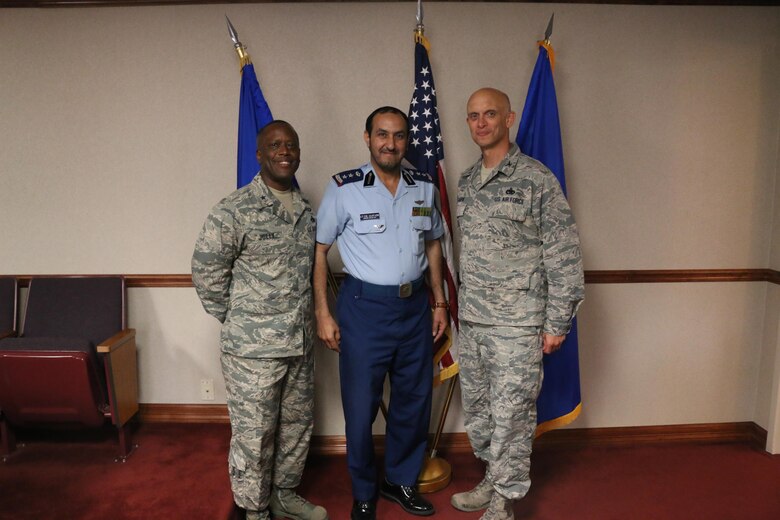 Brig. Gen. Ronald Jolly, 82nd Training Wing commander, Col. Bader Alotaibi, Royal Saudi Air Force senior country liaison officer, and Col. Timothy Gillaspie, 82nd Training Wing vice commander, celebrate Col. Alotaibi’s promotion, June 14, 2017. The 82nd Training Wing at Sheppard Air Force Base currently trains more than 80 Saudi Arabian Airmen. (U.S. Air Force courtesy photo)