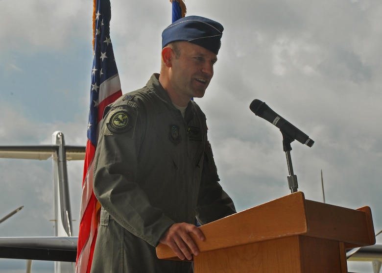 Lt. Col. Cary Mittelmark, new commander of the 524th Special Operations Squadron, makes remarks during his unit's change of command ceremony at Duke Field, Fla., June 16, 2017.  The active-duty nonstandard aviation unit recently moved to Duke from Cannon AFB, N.M. and will partner with the Air Force Reserve's 859th SOS flying the C-146 Wolfhound aircraft.  (U.S. Air Force photo/Dan Neely)