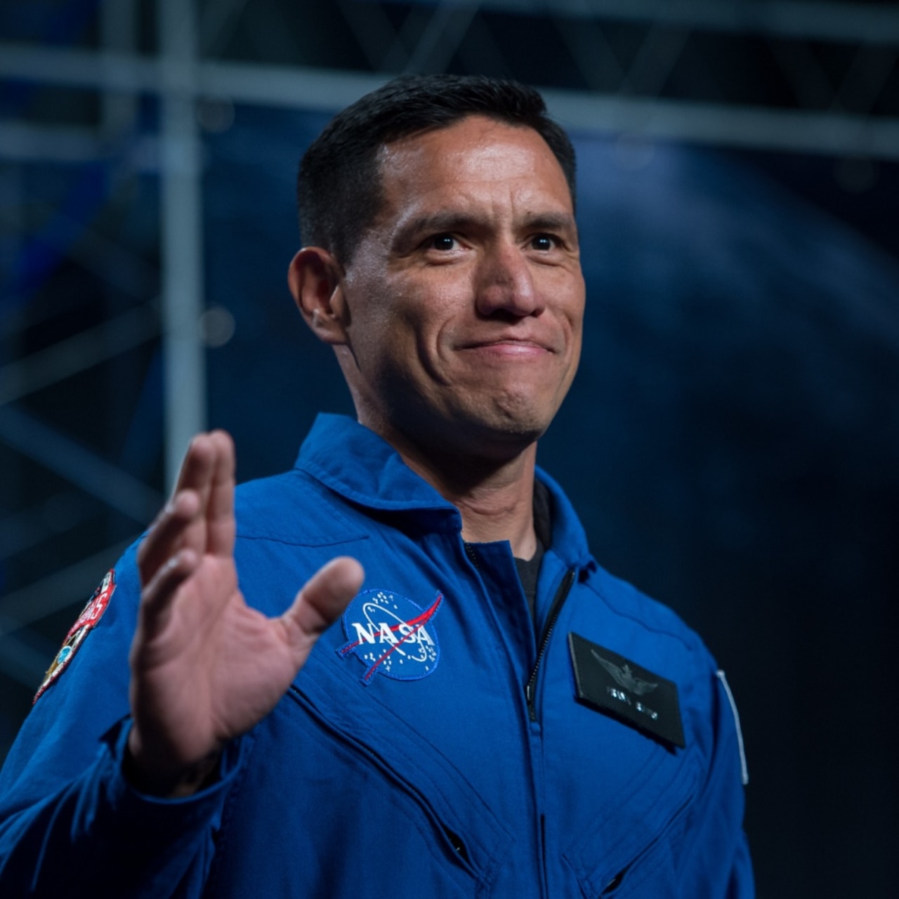 Army Maj. (Dr.) Francisco Rubio waves as he is introduced as one of 12 new astronaut candidates at NASA’s Johnson Space Center in Houston, Texas, June 7, 2017. After completing two years of training, the new astronaut candidates could be assigned to research missions aboard the International Space Station, on launches from American soil aboard spacecraft built by commercial companies or on deep-space missions aboard NASA’s new Orion spacecraft and Space Launch System rocket. NASA photo by Bill Ingalls