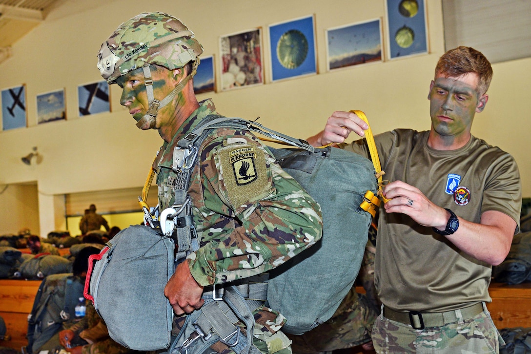 Army Staff Sgt. Joshua Van Horn, right, performs a parachute equipment inspection on Lt. Col. Jim D. Keirsey, commander of the 2nd Battalion, 503rd Infantry Regiment, at Aviano Air Base, Italy, June 8, 2017, before an airborne operation. Horn is a jumpmaster assigned to the regiment. Army photo by Davide Dalla Massara