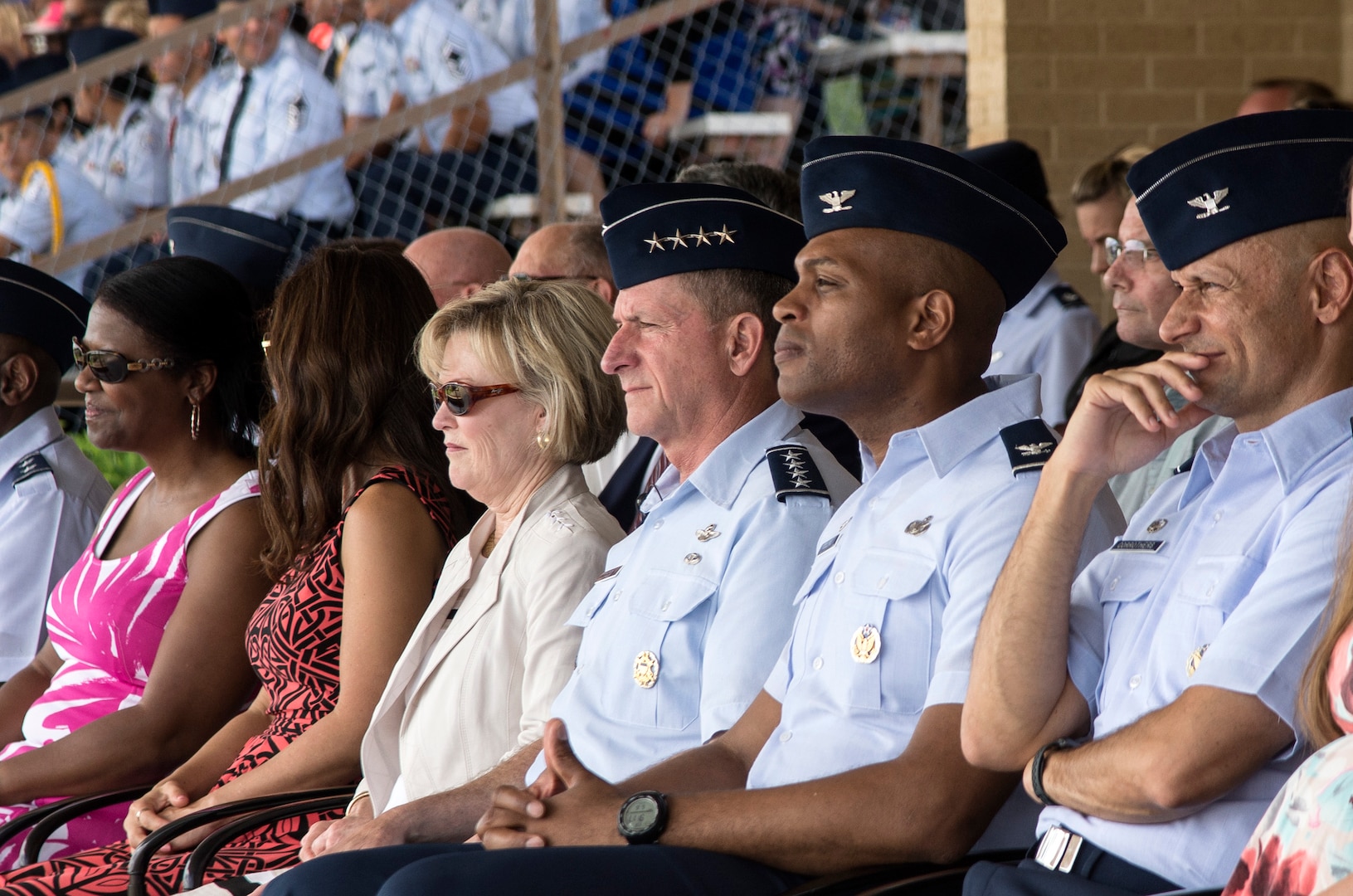 Air Force Chief of Staff Gen. David Goldfein observes the Air Force's newest Airmen during a basic military training graduation June 16, 2017, at Joint Base San Antonio-Lackland. Goldfein toured various JBSA-Lackland facilities and met many 37th Training Wing Airmen during his two-day visit. Every enlisted Airmen begins their Air Force career at basic military training. JBSA-Lackland is often referred to as the "Gateway to the Air Force," graduating about 39,000 Airmen annually. Basic military training is one of the missions of the 37th Training Wing, the largest training wing in the United States Air Force. (U.S. Air Force photo by Johnny Saldivar)