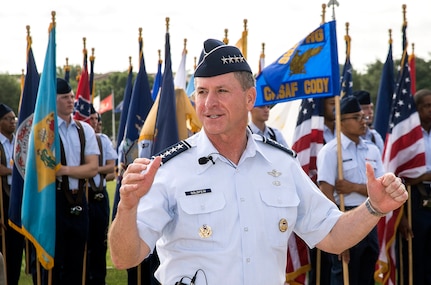 Air Force Chief of Staff Gen. David Goldfein addresses the crowd during a basic military training graduation June 16, 2017, at Joint Base San Antonio-Lackland. Goldfein toured various JBSA-Lackland facilities and met many 37th Training Wing Airmen during his two-day visit. Every enlisted Airmen begins their Air Force career at basic military training. JBSA-Lackland is often referred to as the "Gateway to the Air Force," graduating about 39,000 Airmen annually. BMT is one of the missions of the 37th Training Wing, the largest training wing in the United States Air Force. (U.S. Air Force photo by Johnny Saldivar)