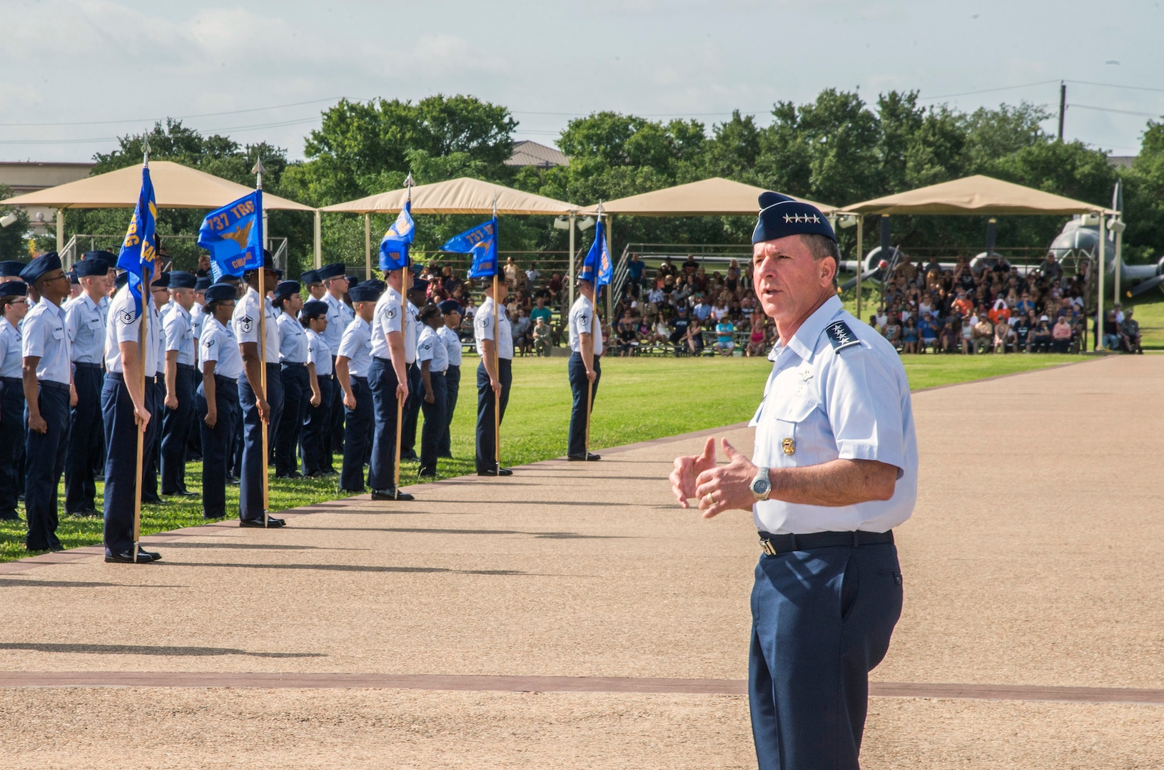 Air Force Chief of Staff Gen. David Goldfein addresses Airmen during a basic military training graduation June 16, 2017, at Joint Base San Antonio-Lackland. Goldfein toured various JBSA-Lackland facilities and met many 37th Training Wing Airmen during his two-day visit. Every enlisted Airmen begins their Air Force career at basic military training. JBSA-Lackland is often referred to as the "Gateway to the Air Force," graduating about 39,000 Airmen annually. BMT is one of the missions of the 37th Training Wing, the largest training wing in the United States Air Force. (U.S. Air Force photo by Johnny Saldivar)