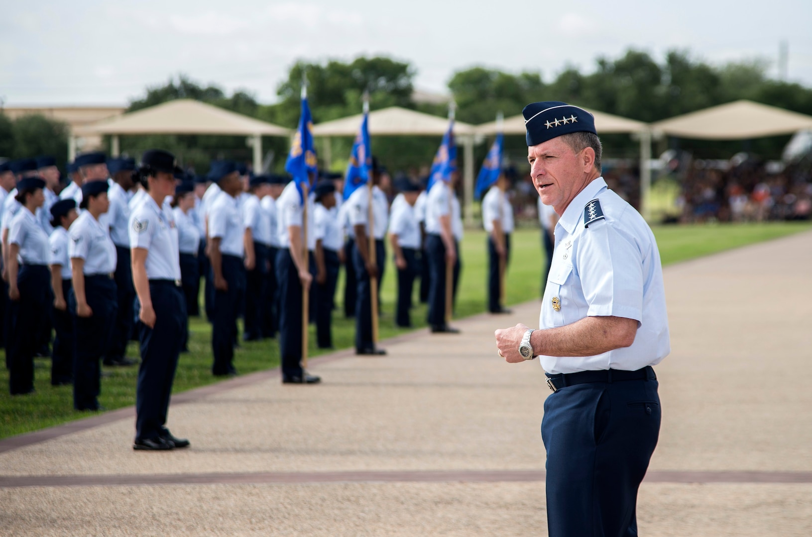 Air Force Chief of Staff Gen. David Goldfein addresses Airmen during a basic military training graduation June 16, 2017, at Joint Base San Antonio-Lackland. Goldfein toured various JBSA-Lackland facilities and met many 37th Training Wing Airmen during his two-day visit. Every enlisted Airmen begins their Air Force career at basic military training. JBSA-Lackland is often referred to as the "Gateway to the Air Force," graduating about 39,000 Airmen annually. BMT is one of the missions of the 37th Training Wing, the largest training wing in the United States Air Force. (U.S. Air Force photo by Johnny Saldivar)