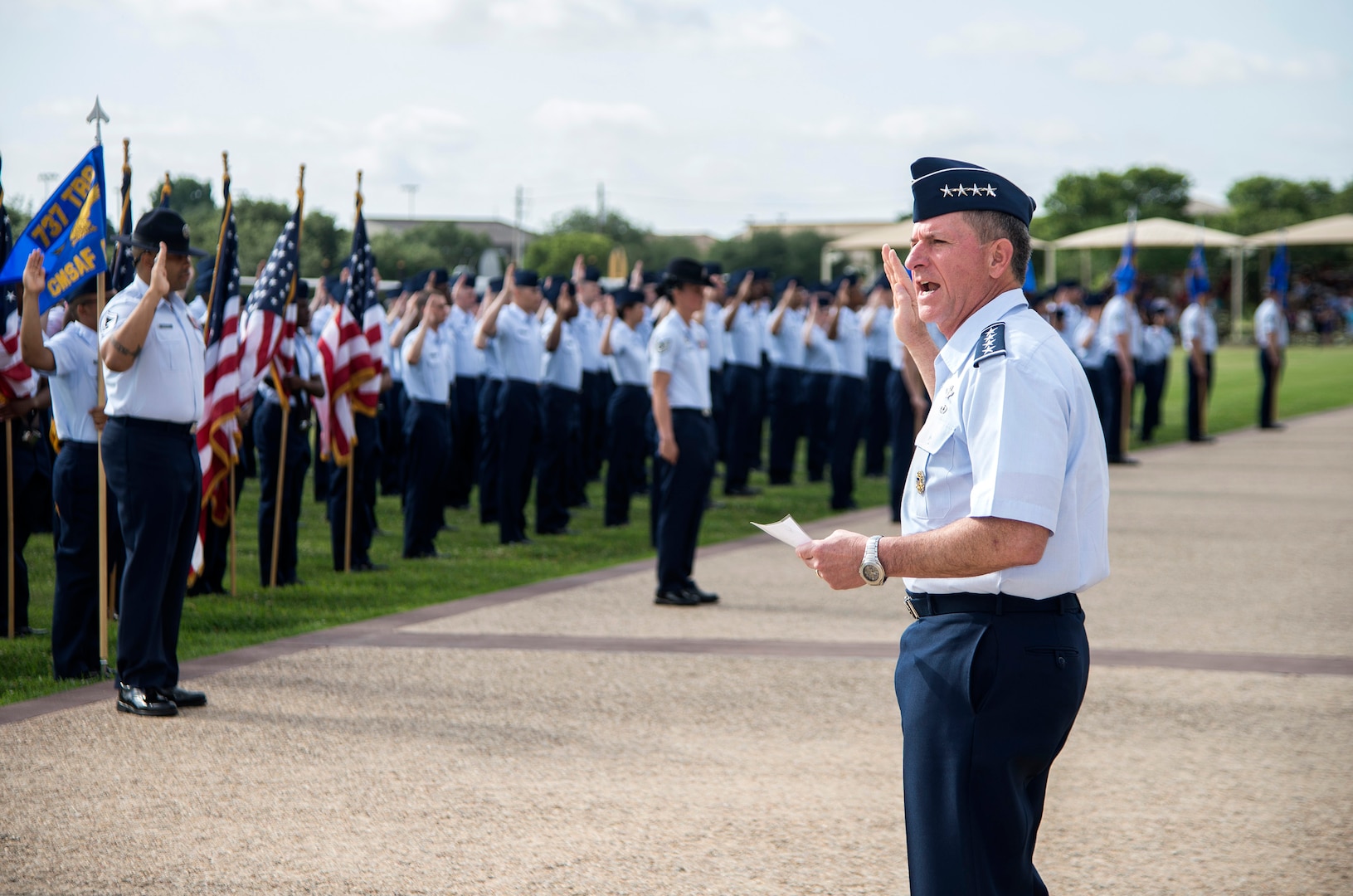 Air Force Chief of Staff Gen. David Goldfein performs the oath of enlistment to Airmen during a basic military training graduation June 16, 2017, at Joint Base San Antonio-Lackland. Goldfein toured various JBSA-Lackland facilities and met many 37th Training Wing Airmen during his two-day visit. Every enlisted Airmen begins their Air Force career at basic military training. JBSA-Lackland is often referred to as the "Gateway to the Air Force," graduating about 39,000 Airmen annually. BMT is one of the missions of the 37th Training Wing, the largest training wing in the United States Air Force. (U.S. Air Force photo by Johnny Saldivar)