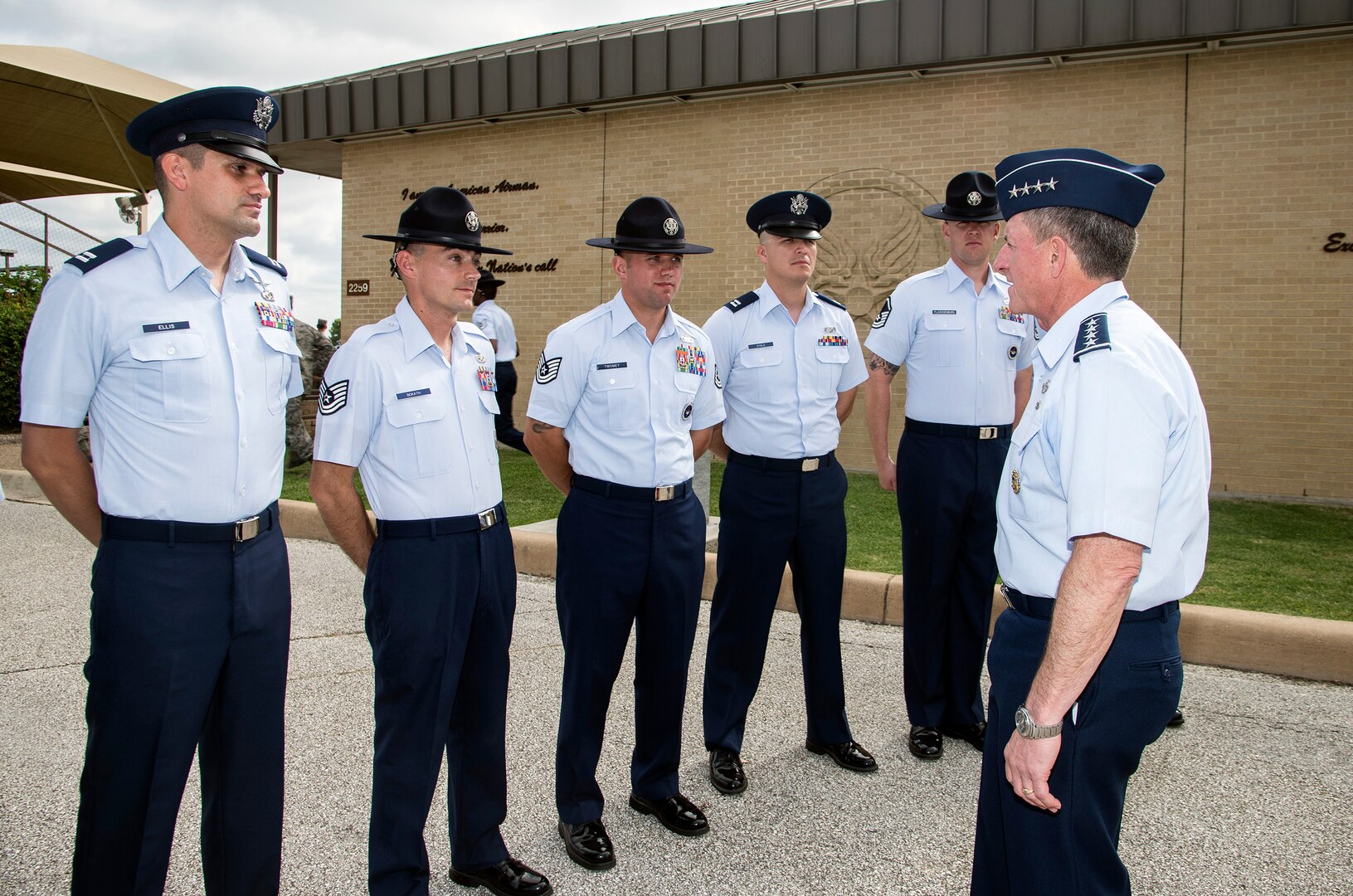 Air Force Chief of Staff Gen. David Goldfein speaks with military training instructors after a basic military training graduation June 16, 2017, at Joint Base San Antonio-Lackland. Goldfein toured various JBSA-Lackland facilities and met many 37th Training Wing Airmen during his two-day visit. Every enlisted Airmen begins their Air Force career at basic military training. JBSA-Lackland is often referred to as the "Gateway to the Air Force," graduating about 39,000 Airmen annually. BMT is one of the missions of the 37th Training Wing, the largest training wing in the United States Air Force. (U.S. Air Force photo by Johnny Saldivar)