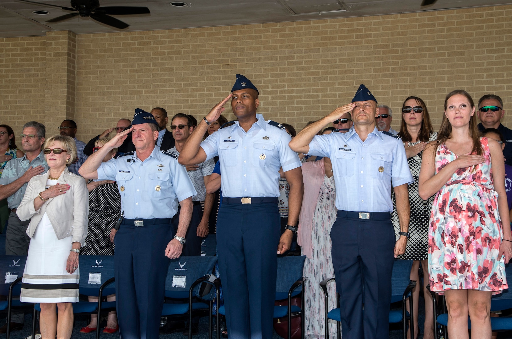 Air Force Chief of Staff Gen. David Goldfein, salutes during the playing of the national anthem as part of a basic military training graduation June 16, 2017, at Joint Base San Antonio-Lackland. Goldfein toured various JBSA-Lackland facilities and met many 37th Training Wing Airmen during his two-day visit. Every enlisted Airmen begins their Air Force career at basic military training. JBSA-Lackland is often referred to as the "Gateway to the Air Force," graduating about 39,000 Airmen annually. Basic military training is one of the missions of the 37th Training Wing, the largest training wing in the United States Air Force. (U.S. Air Force photo by Johnny Saldivar)