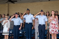 Air Force Chief of Staff Gen. David Goldfein, salutes during the playing of the national anthem as part of a basic military training graduation June 16, 2017, at Joint Base San Antonio-Lackland. Goldfein toured various JBSA-Lackland facilities and met many 37th Training Wing Airmen during his two-day visit. Every enlisted Airmen begins their Air Force career at basic military training. JBSA-Lackland is often referred to as the "Gateway to the Air Force," graduating about 39,000 Airmen annually. Basic military training is one of the missions of the 37th Training Wing, the largest training wing in the United States Air Force. (U.S. Air Force photo by Johnny Saldivar)