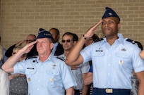 Air Force Chief of Staff Gen. David Goldfein and Col. Roy Collins, 37th Training Wing commander, salute during the playing of the national anthem as part of a basic military training graduation June 16, 2017, at Joint Base San Antonio-Lackland. Goldfein toured various JBSA-Lackland facilities and met many 37th Training Wing Airmen during his two-day visit. Every enlisted Airmen begins their Air Force career at basic military training. JBSA-Lackland is often referred to as the "Gateway to the Air Force," graduating about 39,000 Airmen annually. Basic military training is one of the missions of the 37th Training Wing, the largest training wing in the United States Air Force. (U.S. Air Force photo by Johnny Saldivar)