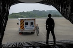 An Airman assigned to the 18th Medical Group from Kadena Air Base, Japan, assists with an aeromedical evacuation in Aomori, Japan, June 15, 2017. Since the Misawa Air Base runway remains closed for construction, the 35th Medical Group relied on solidified friendships among the Japanese community to help coordinate the evacuation at the Aomori Airport. 