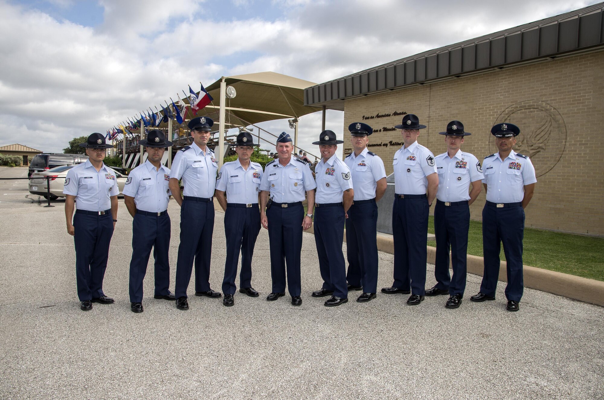 Air Force Chief of Staff Gen. David Goldfein takes a photo with military training instructors after a basic military training graduation June 16, 2017, at Joint Base San Antonio-Lackland. Goldfein toured various JBSA-Lackland facilities and met many 37th Training Wing Airmen during his two-day visit. Every enlisted Airmen begins their Air Force career at basic military training. JBSA-Lackland is often referred to as the "Gateway to the Air Force," graduating about 39,000 Airmen annually. BMT is one of the missions of the 37th Training Wing, the largest training wing in the United States Air Force. (U.S. Air Force photo by Johnny Saldivar)