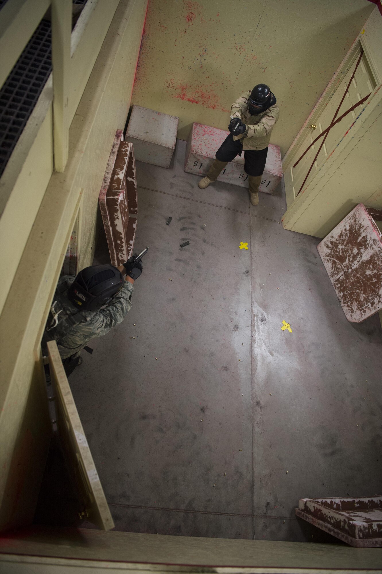 A security forces member with the 28th Security Forces Squadron from Ellsworth Air Force Base, S.D., enters a room to engage an enemy target during the 2017 Global Strike Challenge at Camp Guernsey, Wyo., May 18, 2017. Defenders were tested on marksmanship, navigation, self-aid buddy care and tactics throughout the week-long security forces portion of the competition. (U.S. Air Force photo by Staff Sgt. Christopher Ruano)