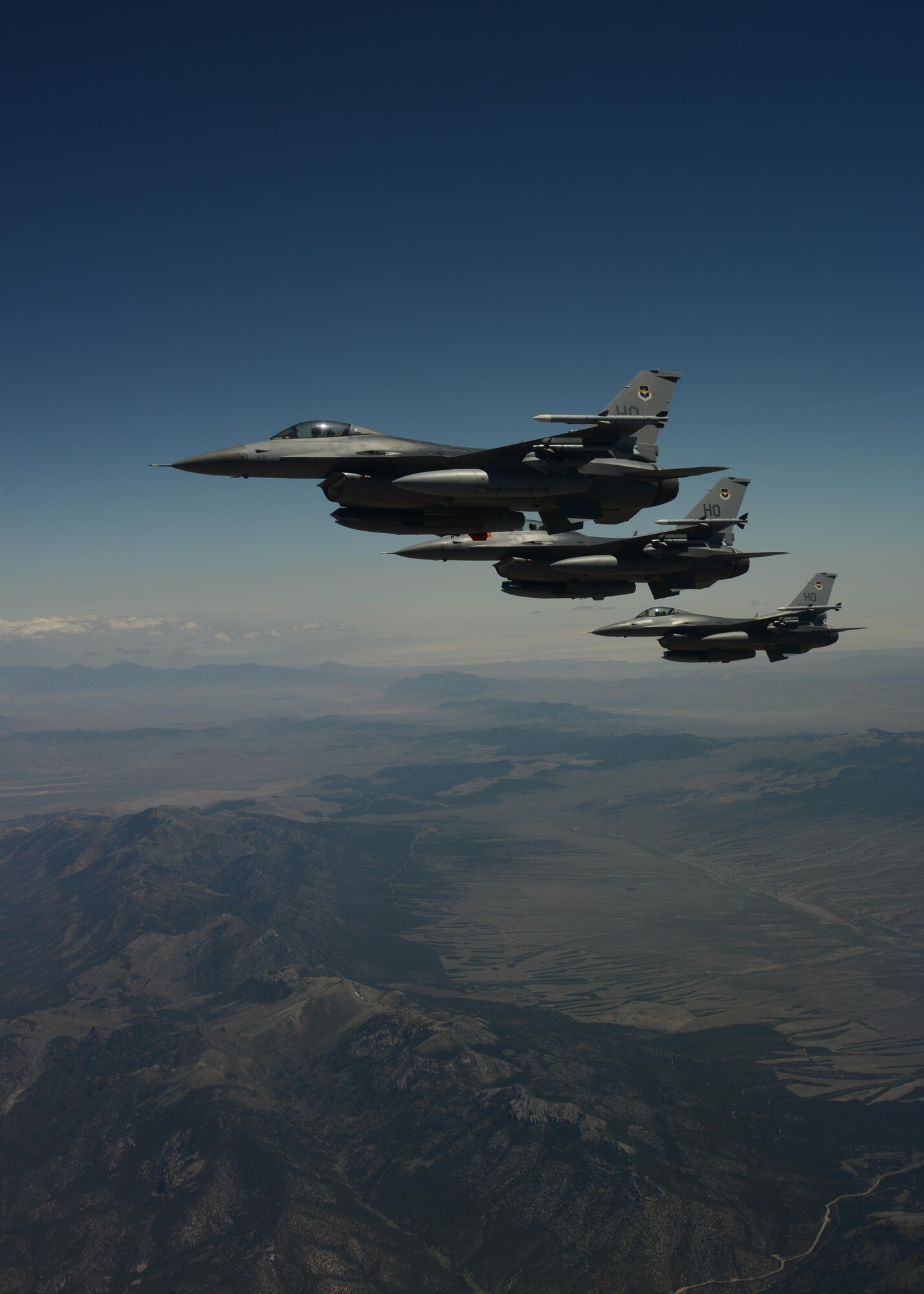 F-16C Fighting Falcons from the 388th Fighter Wing at Hill Air Force Base, Utah, fly together June 9, 2017. The Fighting Falcons were refueled by a KC-135 Stratotanker during an air refueling trainer mission. (U.S. Air Force photo by Airman 1st Class Andrew Moore)