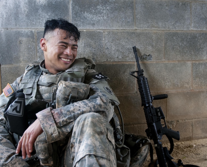 Spc. Kenny Ochoa a watercraft specialist representing the Sustainment Support Command, takes a well deserved break during the 2017 U.S. Army Reserve Best Warrior Competition at Fort Bragg, N.C. June 14. This year’s Best Warrior Competition will determine the top noncommissioned officer and junior enlisted Soldier who will represent the U.S. Army Reserve in the Department of the Army Best Warrior Competition later this year at Fort A.P. Hill, Va. (U.S. Army Reserve photo by Spc. Trenton Fouche) (Released)