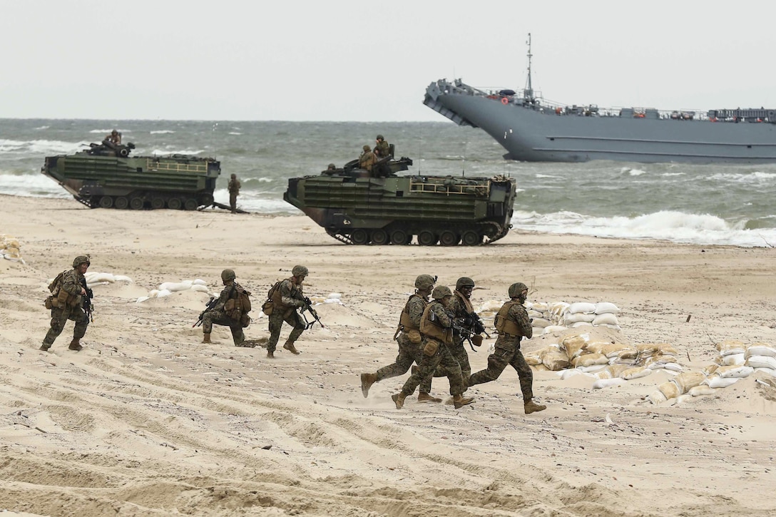 Marines participate in an amphibious landing demonstration in Ustka, Poland, June 14, 2017, as part of Baltic Operations, an annual maritime-focused exercise. The Marines are assigned to Marine Forces Europe-Africa. Navy photo by Chief Petty Officer America A. Henry