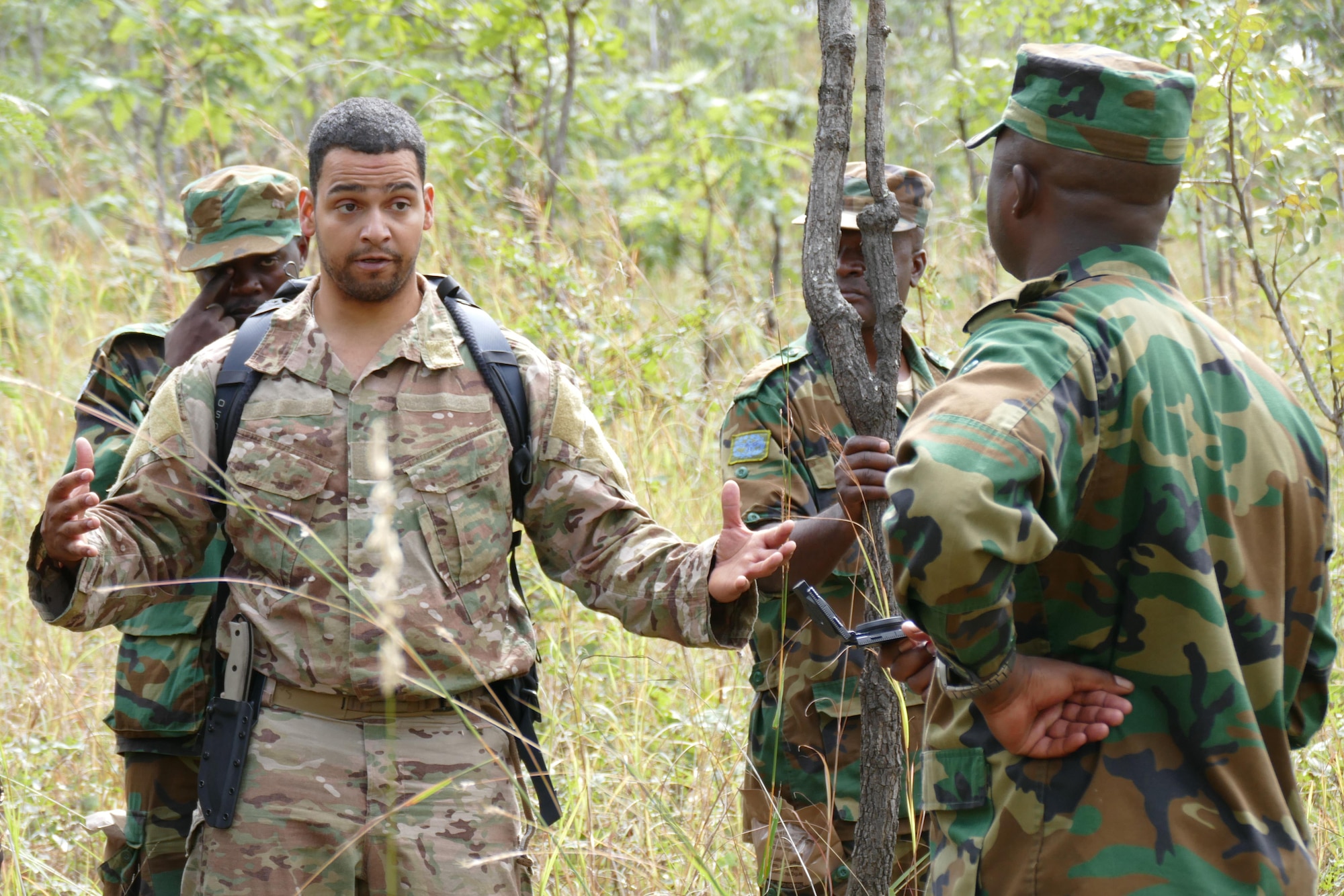 Staff Sgt. David Foreman, 305th Operation Support Squadron survival specialist stationed at Joint Base McGuire-Dix-Lakehurst, N.J., instructs Zambian Air Force Airmen during an 818th Mobility Support Advisory Squadron building partner capacity mission in Lusaka, Zambia, May 30, 2017. Air mobility can provide partner nations a means of air transportation to access remote regions and deliver resources and personnel to address a wide variety of issues. (U.S. Air Force photo by Tech. Sgt. Gustavo Gonzalez/RELEASED)