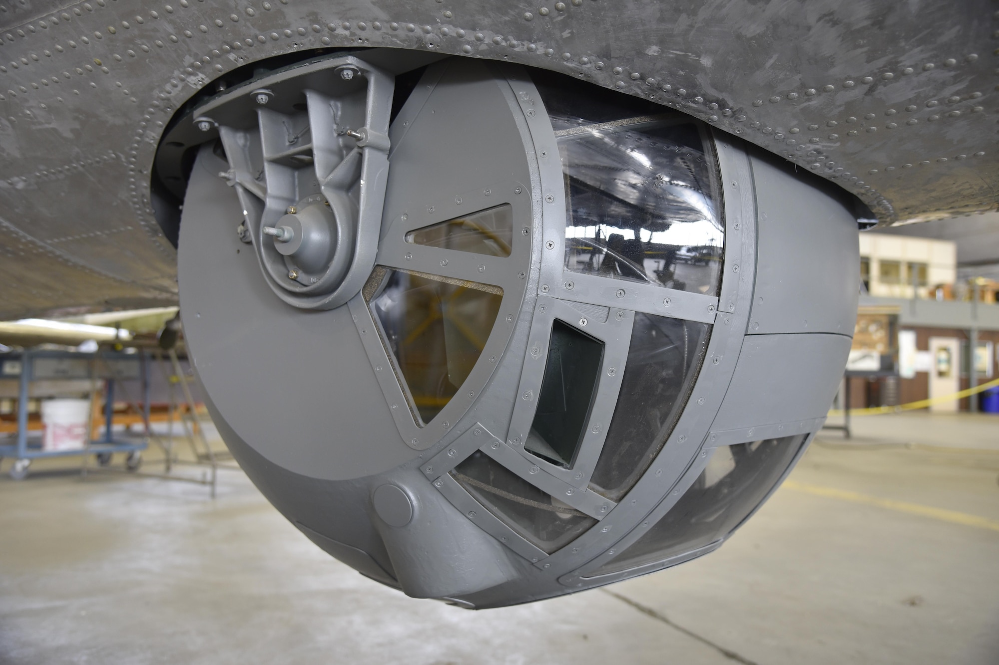 DAYTON, Ohio (06/2017) -- A view of the ball turret from the B-17F "Memphis Belle"™ in the restoration hangar at the National Museum of the U.S. Air Force. The exhibit opening for this aircraft is planned for May 17, 2018.(U.S. Air Force photo by Ken LaRock)