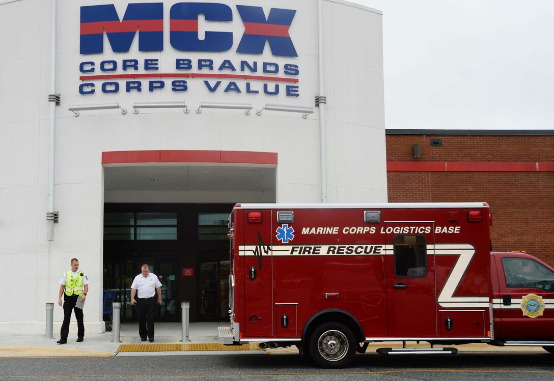 Marine Corps Logistics Base Albany’s first responders converge on the Marine Corps Exchange and other locations as part of a “Lost-Child” full-scale exercise on the installation, June 13. The scenario was implemented in collaboration with the city’s mutual partners to train participants on reaction and response time in the event an actual occurrence of the type happened.