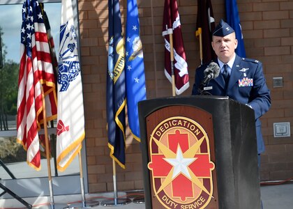 Col. Michael Richards gives an opening speech during the Undersea and Hyperbaric Medicine Clinic ribbon cutting June 16, San Antonio Military Medical Center, Joint Base San Antonio-Fort Sam Houston, Texas. 