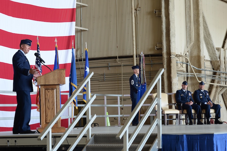 U.S. Air Force Major General Patrick J. Doherty, 19th Air Force commander, speaks to the 97th Air Mobility Wing during the 97th AMW Change of Command ceremony, June 16, 2017, at Altus Air Force Base, Oklahoma. U.S. Air Force Col. Todd Hohn relinquished command of the wing to U.S. Air Force Col. Eric Carney, he will lead the base in the mission of forging combat mobility forces and deploying Airmen warriors. (U.S. Air Force Photo by Airman 1st Class Jackson N. Haddon/Released).