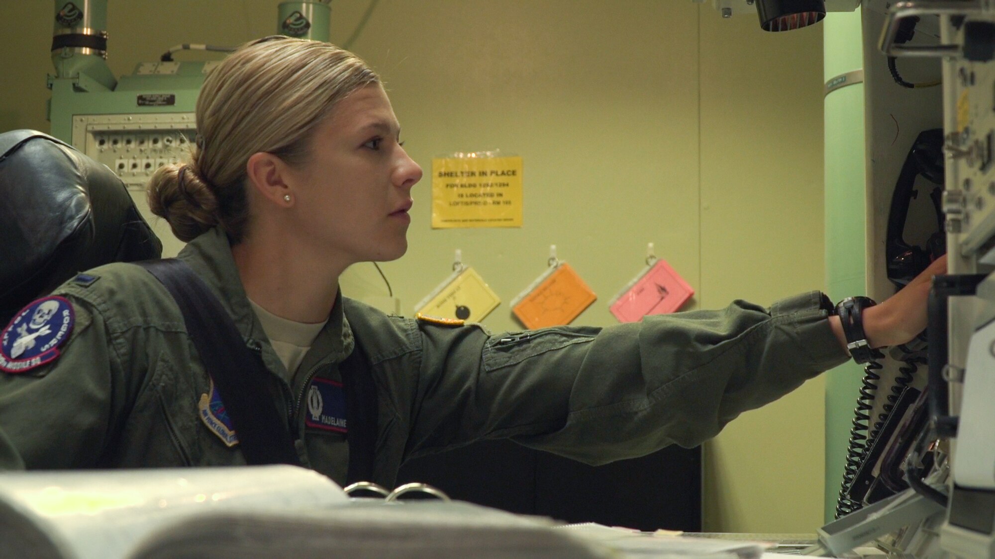 First Lt. Madelaine Ross, 319th Missile Squadron combat crew commander, trains for the 2017 Global Strike Challenge inside the Missile Procedures Trainer at F.E. Warren Air Force Base, Wyo., June 5, 2017. The missileer competition is June 27-29, 2017. The MPT allows missileers to run through a number of potential situations that can arise when on alert. Approximately 450 competitors take part in GSC competitions at various locations. Competition categories rigorously test security forces, missile, bomber, helicopter and maintenance communities. (U.S. Air Force photo by Lan Kim)