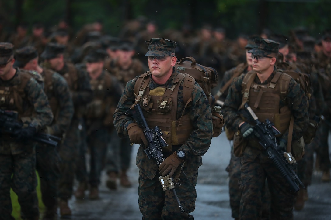 U.S. Marines with Alpha Company, 1st Battalion, 3rd Marine Regiment, conduct a movement to Range 1 aboard Camp Hansen, Okinawa, Japan, June 14, 2017. The Hawaii-based battalion is forward deployed to Okinawa, Japan as part of the Unit Deployment Program.