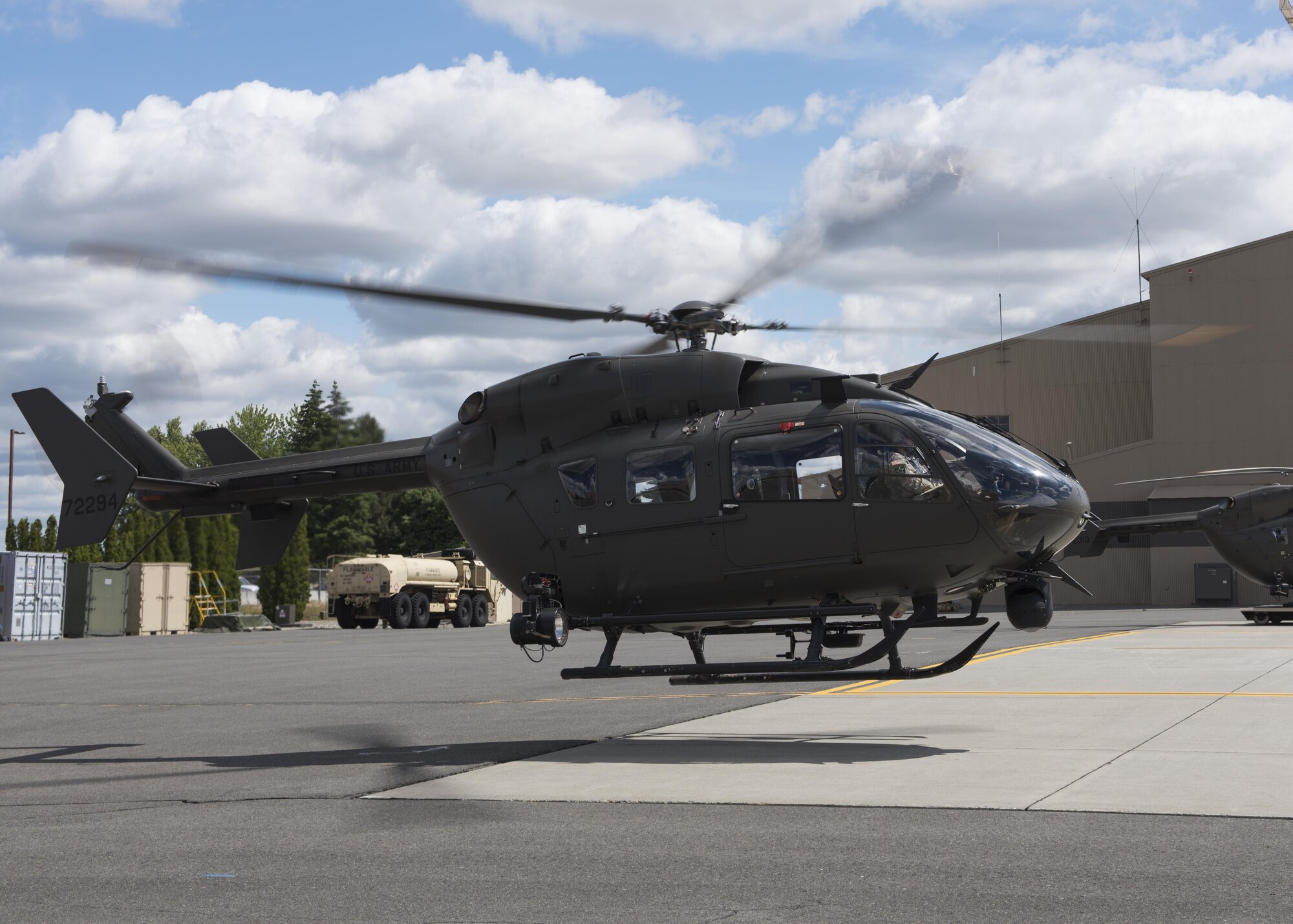 A UH-72 Lakota helicopter comes in for a landing June 14, 2017 at Fairchild Air Force Base, Washington. The Lakota helicopters are used by a base tennant unit of the Washington National Guard.
(U.S. Air Force photo / Airman 1st Class Ryan Lackey)