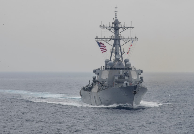 SEA OF JAPAN (June 1, 2017) The guided-missile destroyer USS Fitzgerald (DDG 62) sails in formation during a bilateral exercise between USS Carl Vinson and USS Ronald Reagan carrier strike groups and the Japanese Maritime Self-Defense Force (JMSDF). The Ronald Reagan and Carl Vinson Carrier Strike Groups conduct maritime training operations with Japan Maritime Self-Defense Force ships, JS Hyuga (DDH 181) and JS Ashigara (DDG178). JMSDF and U.S. Navy forces routinely train together to improve interoperability and readiness to provide stability and security for the Indo-Asia Pacific region. (U.S. Navy photo by Mass Communication Specialist 3rd Class Kelsey L. Adams/Released)