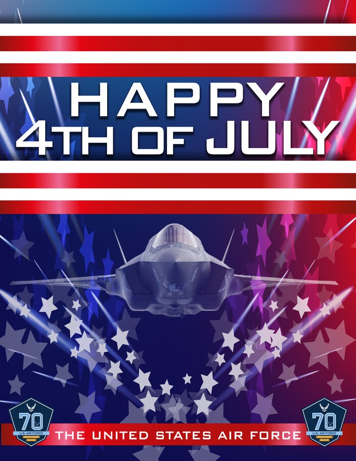 Patriotic Happy 4th of July celebration poster with AF 70th birthday marks